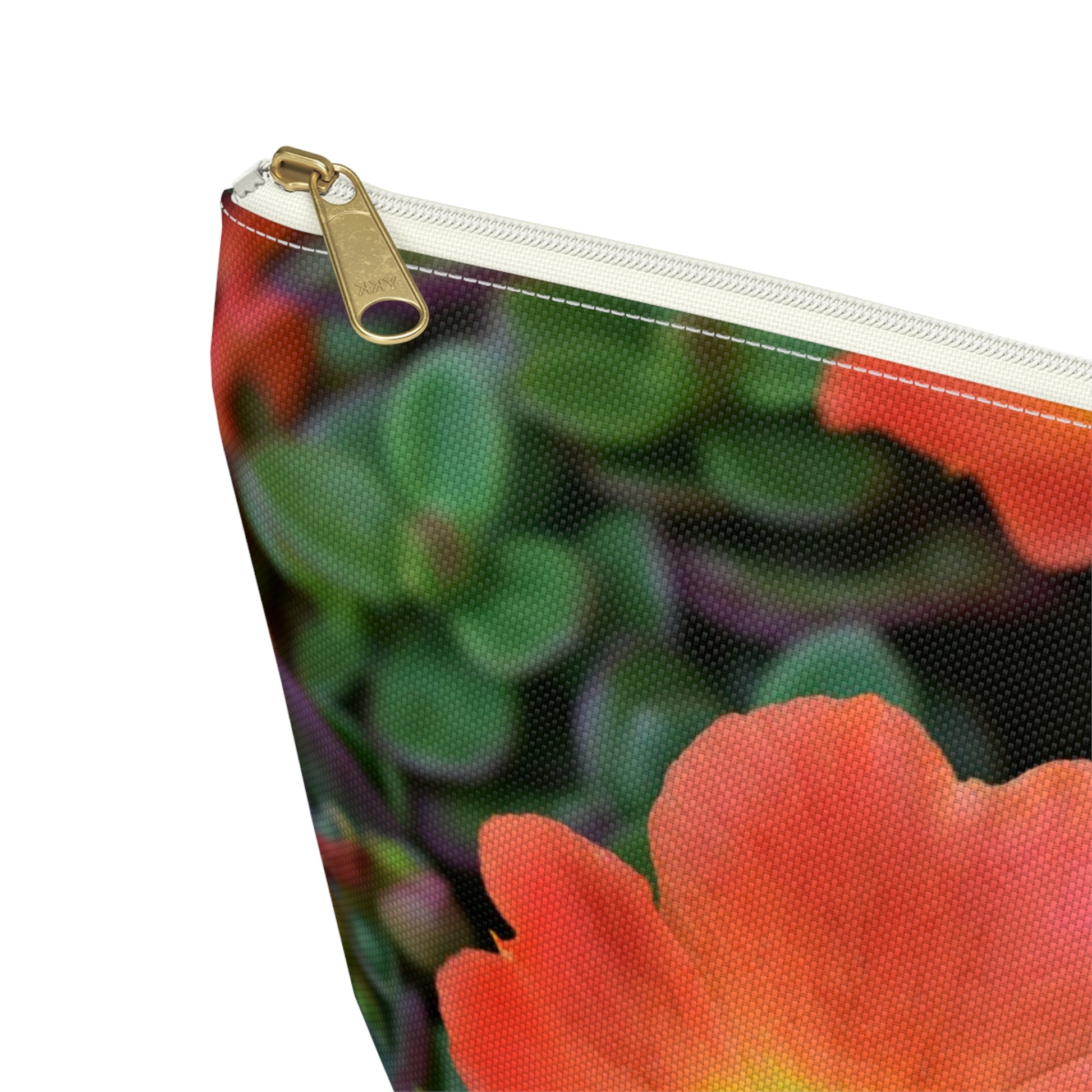 Floral-patterned pouch with a zipper on a white background