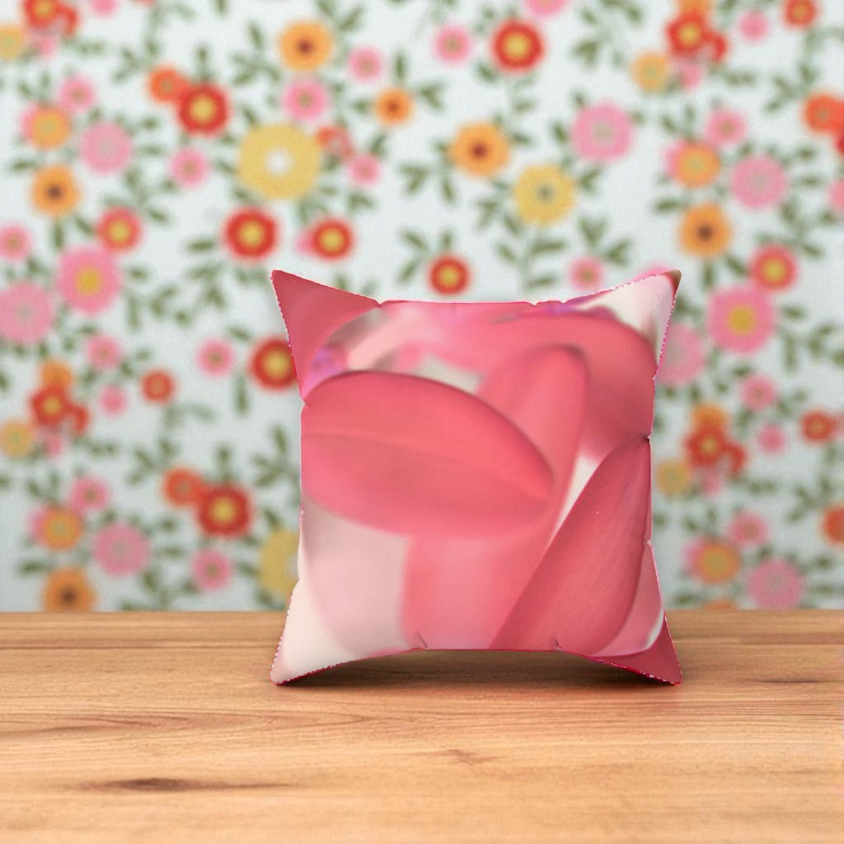 Pink floral pillow on a wooden surface with a floral wallpaper background