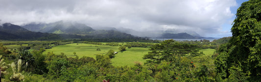 A panoramic photograph capturing the landscape of Princeville, Kauai, Hawaii, featuring lush greenery, mountains, and the coastline. Princeville Panoramic, Kauai Hawaii, Original Photograph by Kim A. Bailey