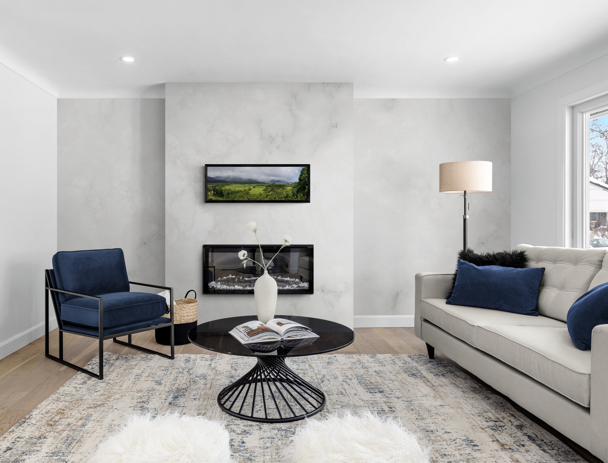 Modern living room with a sofa, chair, and fireplace. Princeville Panoramic, Kauai Hawaii, Original Photograph by Kim A. Bailey