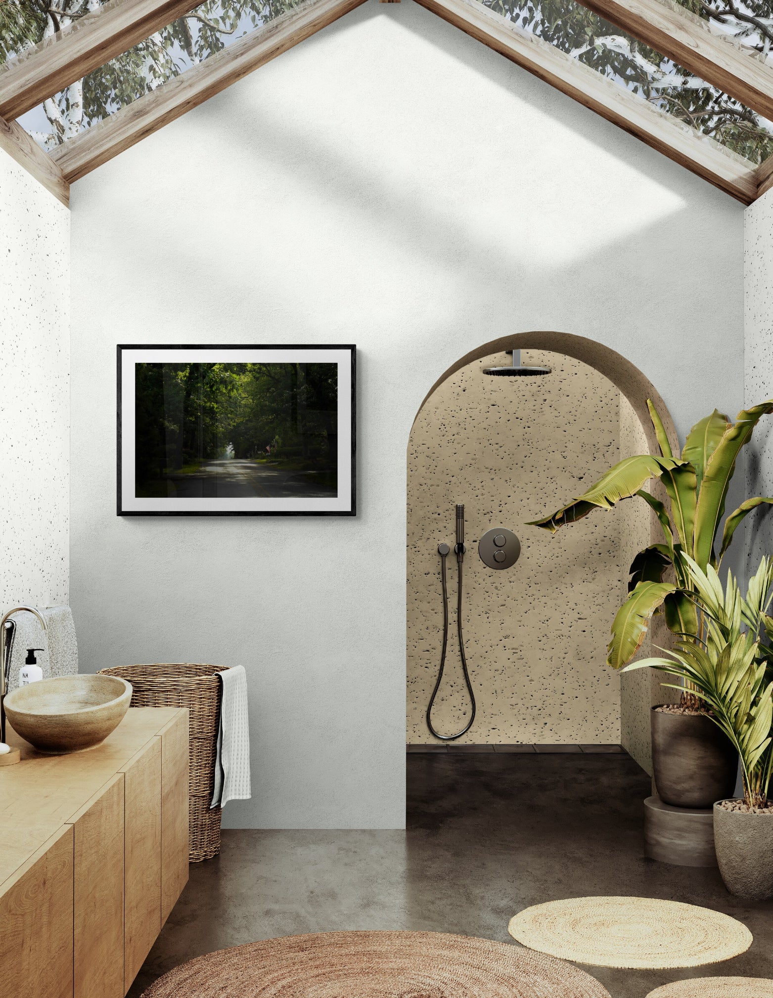 Modern bathroom with a shower enclosure and natural light. Quiet Street in New Jersey, Original Photograph by Kim A. Bailey