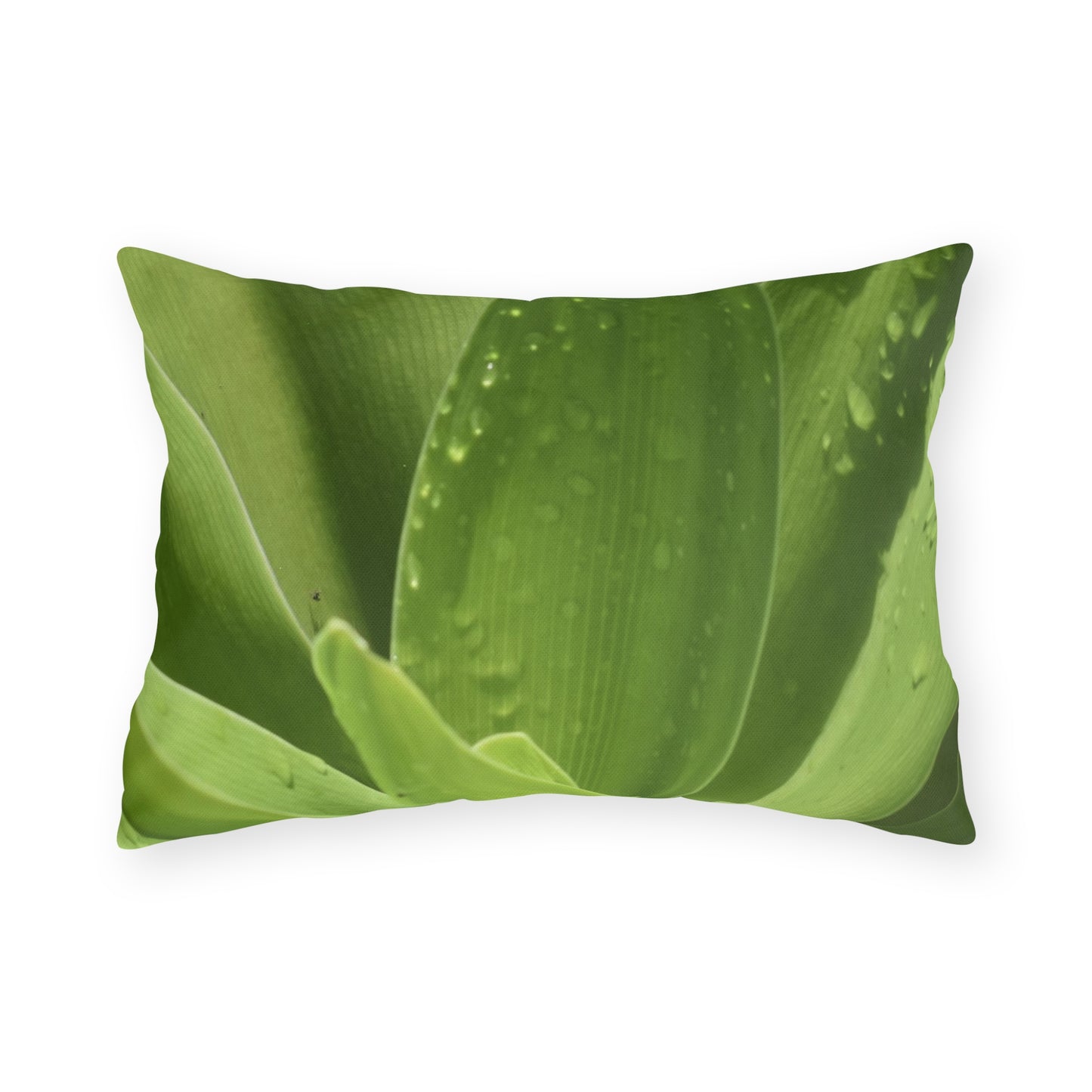 A rectangle outdoor pillow with a photograph of green leaves printed on it, designed to be used for patio or outdoor space decoration.
