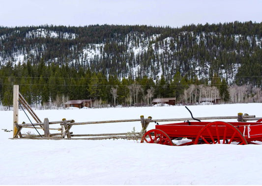 An old rustic red wagon covered in snow, with a serene snowy landscape in the background. Red Wagon in Snow, Original Photograph by Kim A. Bailey
