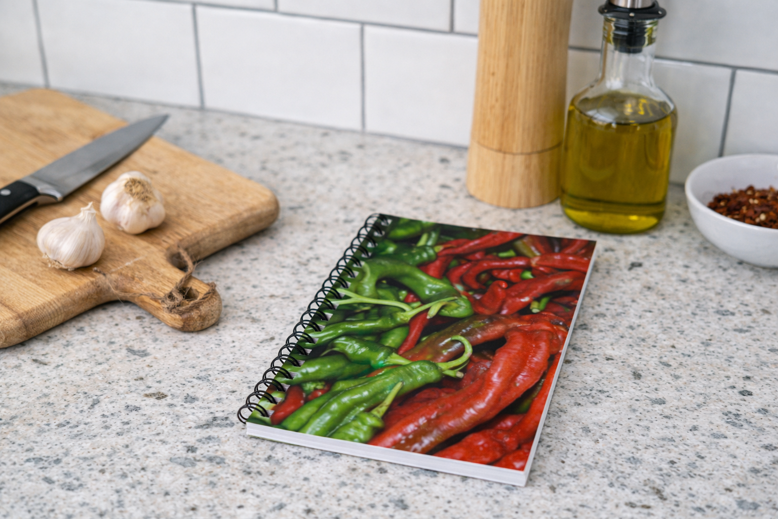 Notebook with chili pepper design on a kitchen counter with a cutting board and knife.