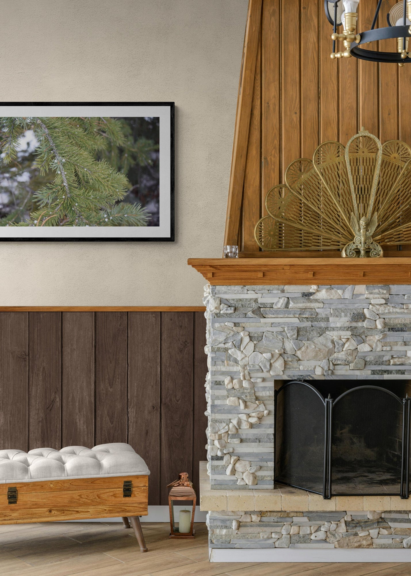 Living room with stone fireplace and wooden accent wall Snow on a Pine Tree, Original Photograph by Kim A. Bailey