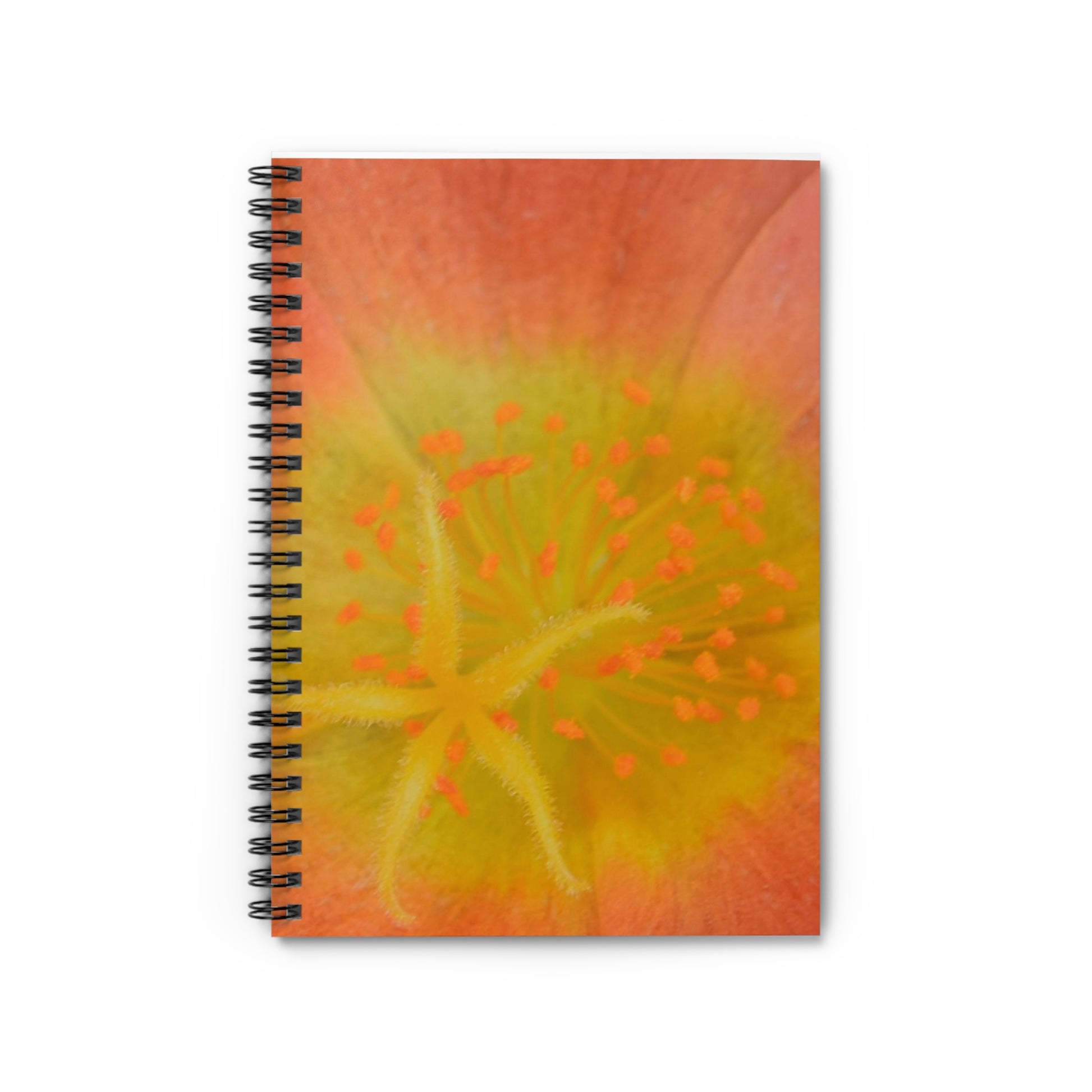 A spiral notebook with a photograph of a yellow stamen flower on the cover, with a dark grey spine and ruled lines for writing.