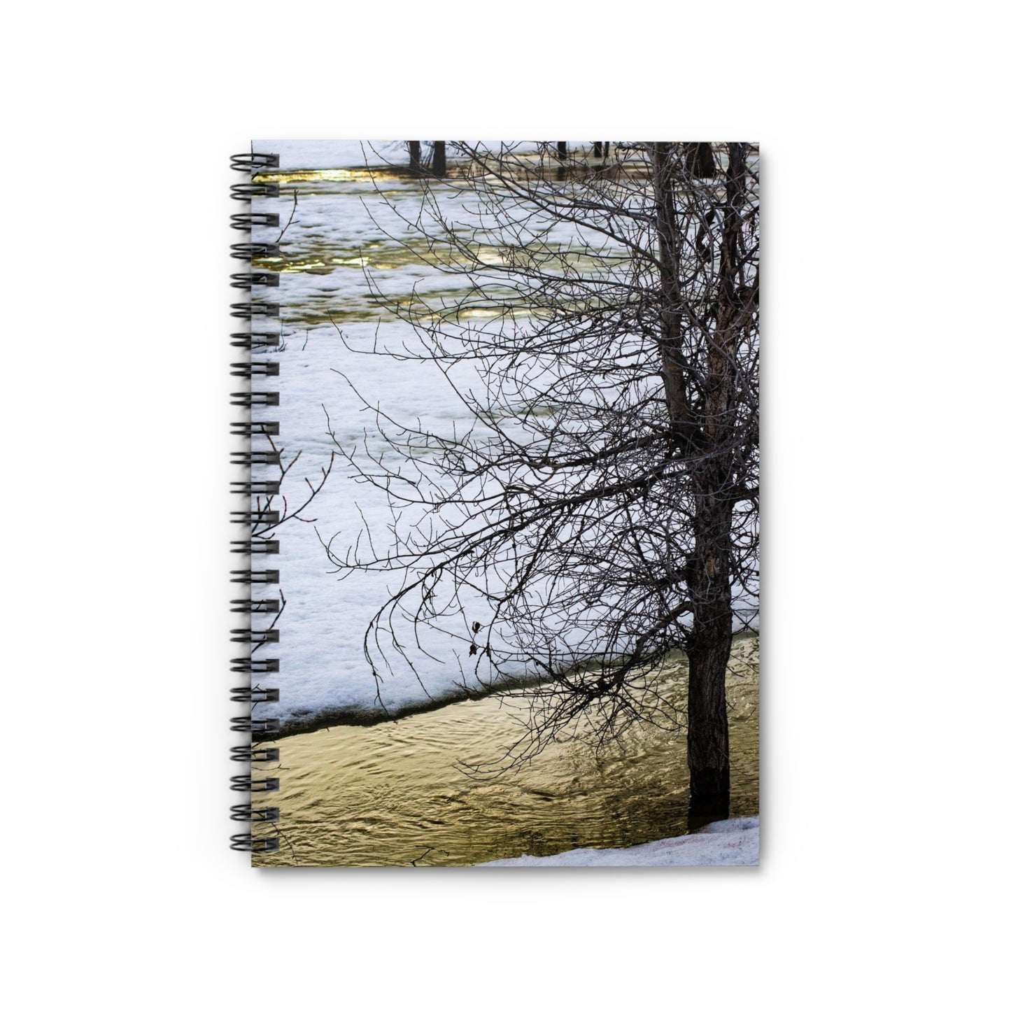 A spiral notebook with a photograph of a tree in snow by a yellow river printed on the cover.