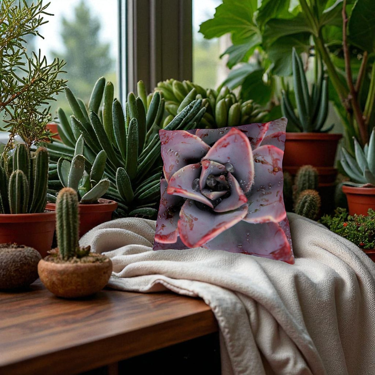 Decorative pillow with succulent design on a table surrounded by potted plants