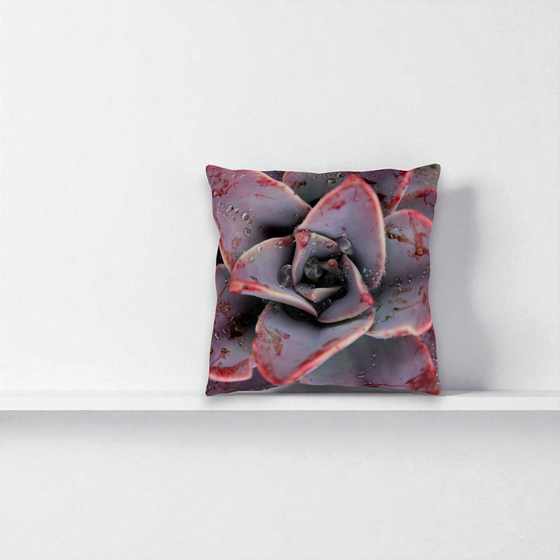 Decorative pillow with a succulent plant design on a white background