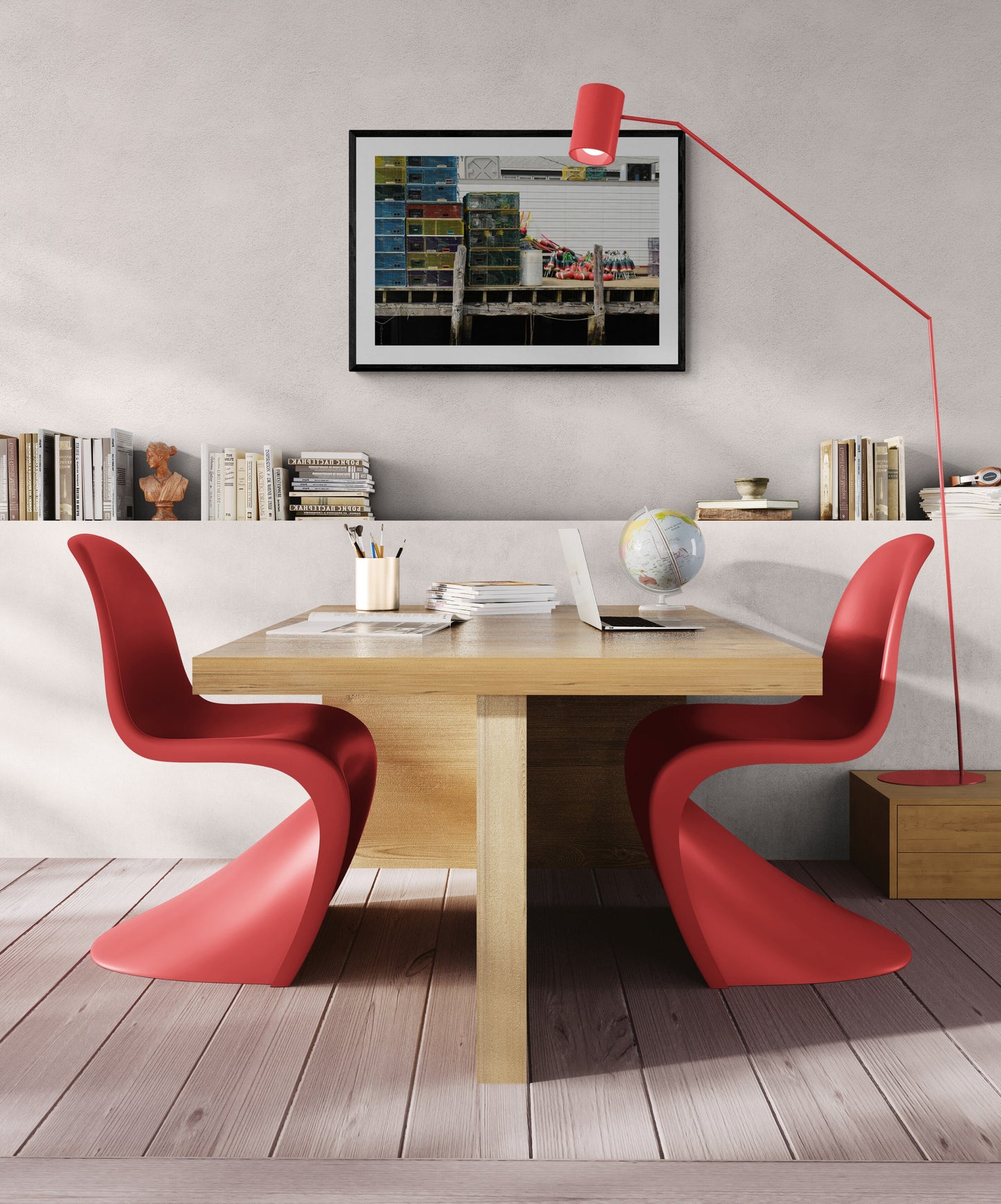 Modern dining room with red chairs and floor lamp. Stacked Lobster Traps Original Photograph by Kim A. Bailey in a minimal-room-with-ottoman