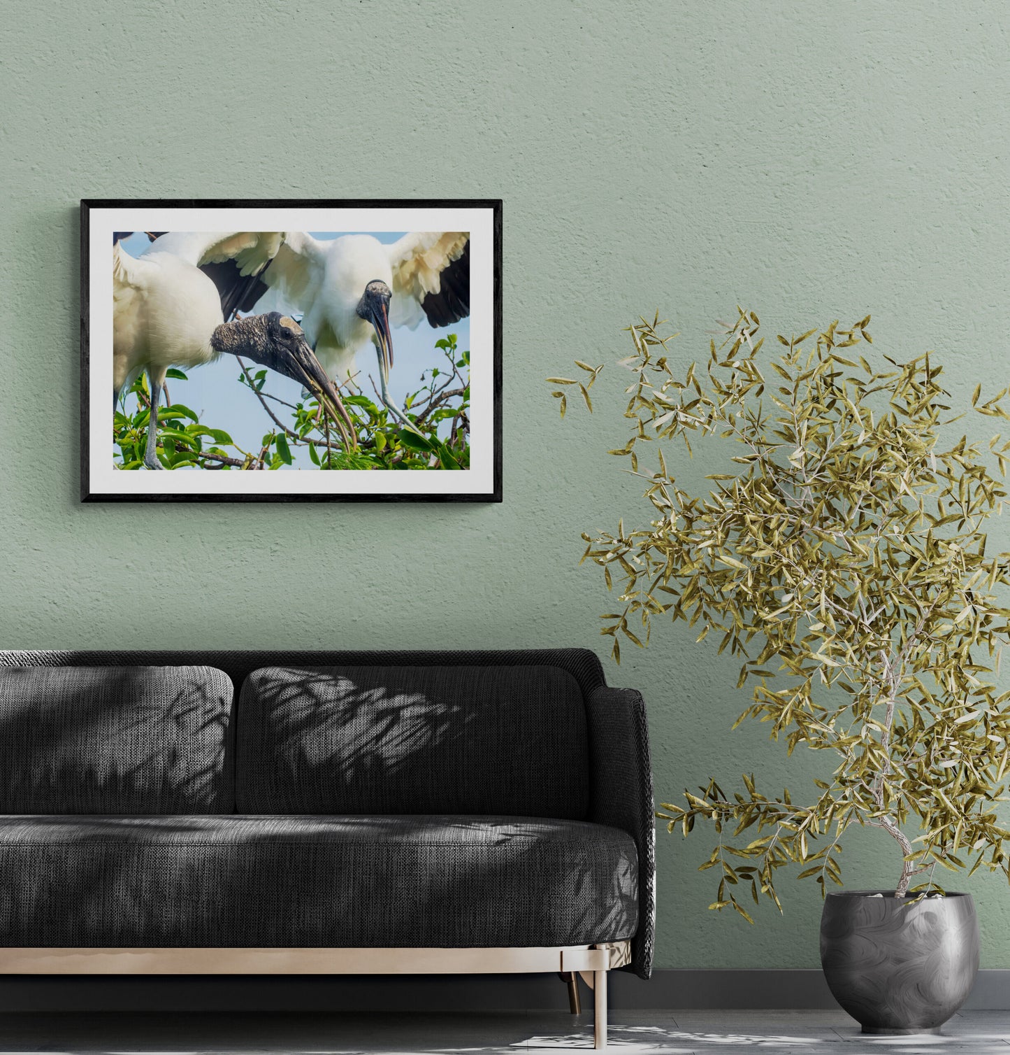 Storks-Tending-to-their-Nest-Original Photograph by Kim A. Bailey on a living room wall