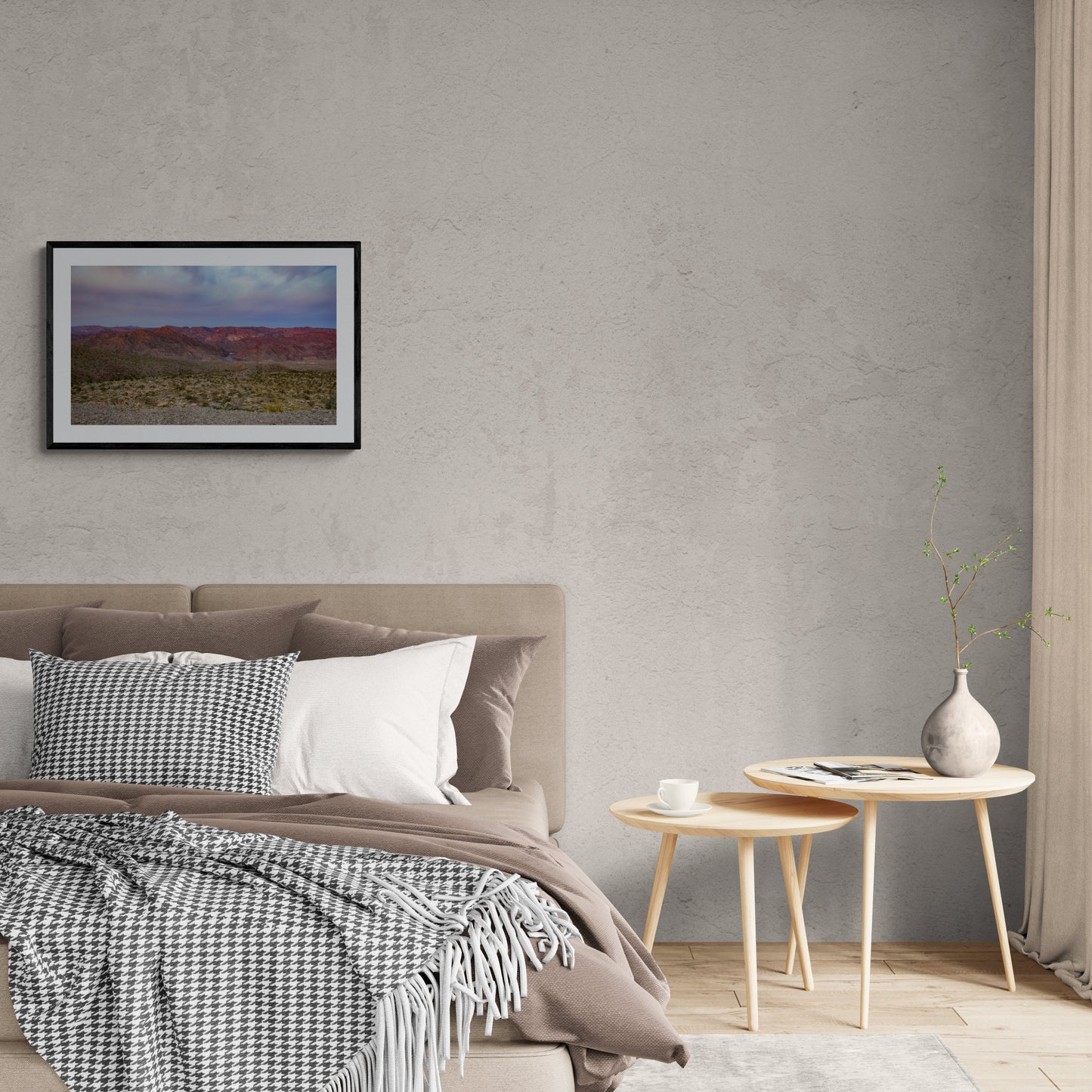 Bedroom with a bed, wall art, and side tables. Sunrise in Arizona Original Photograph by Kim A. Bailey