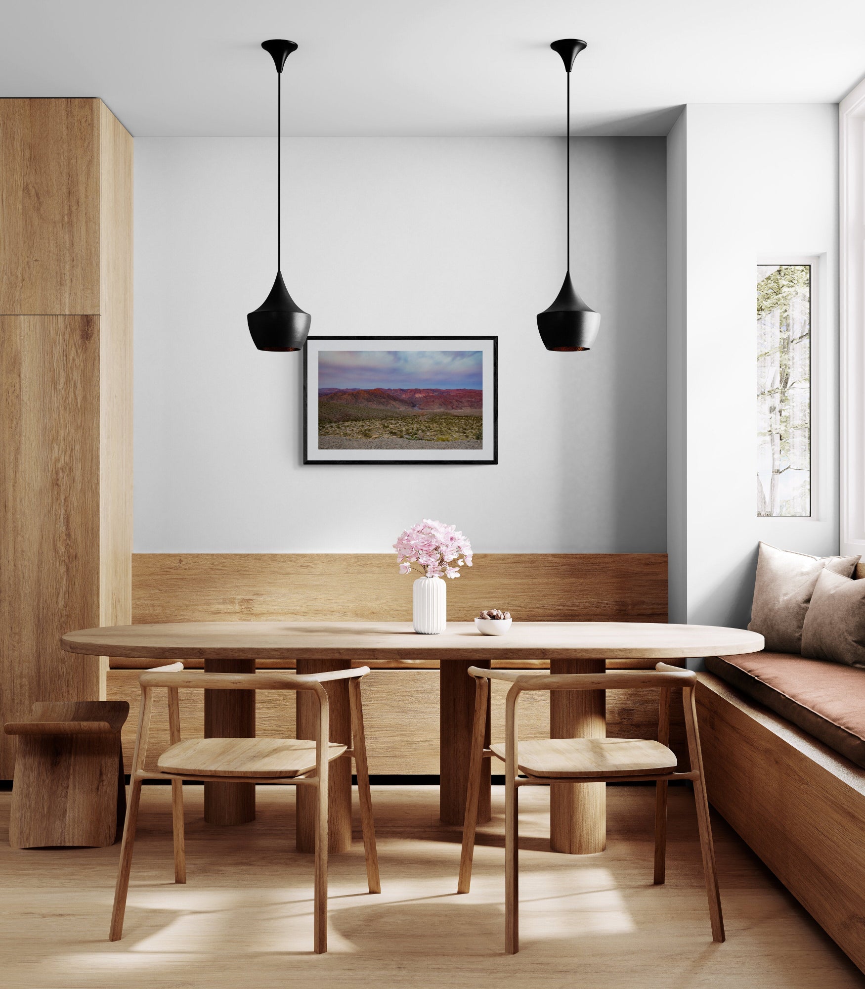 Modern kitchen with wooden furniture and pendant lights. Sunrise in Arizona Original Photograph by Kim A. Bailey