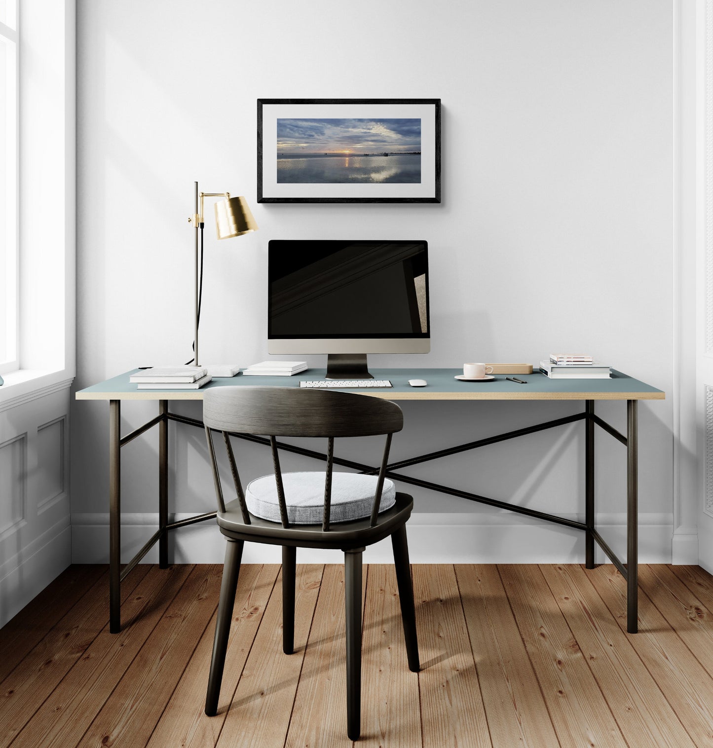 Modern home office with a desk, chair, and computer monitor. Sunset at Ft. Myers Beach, Original Photograph by Kim A. Bailey