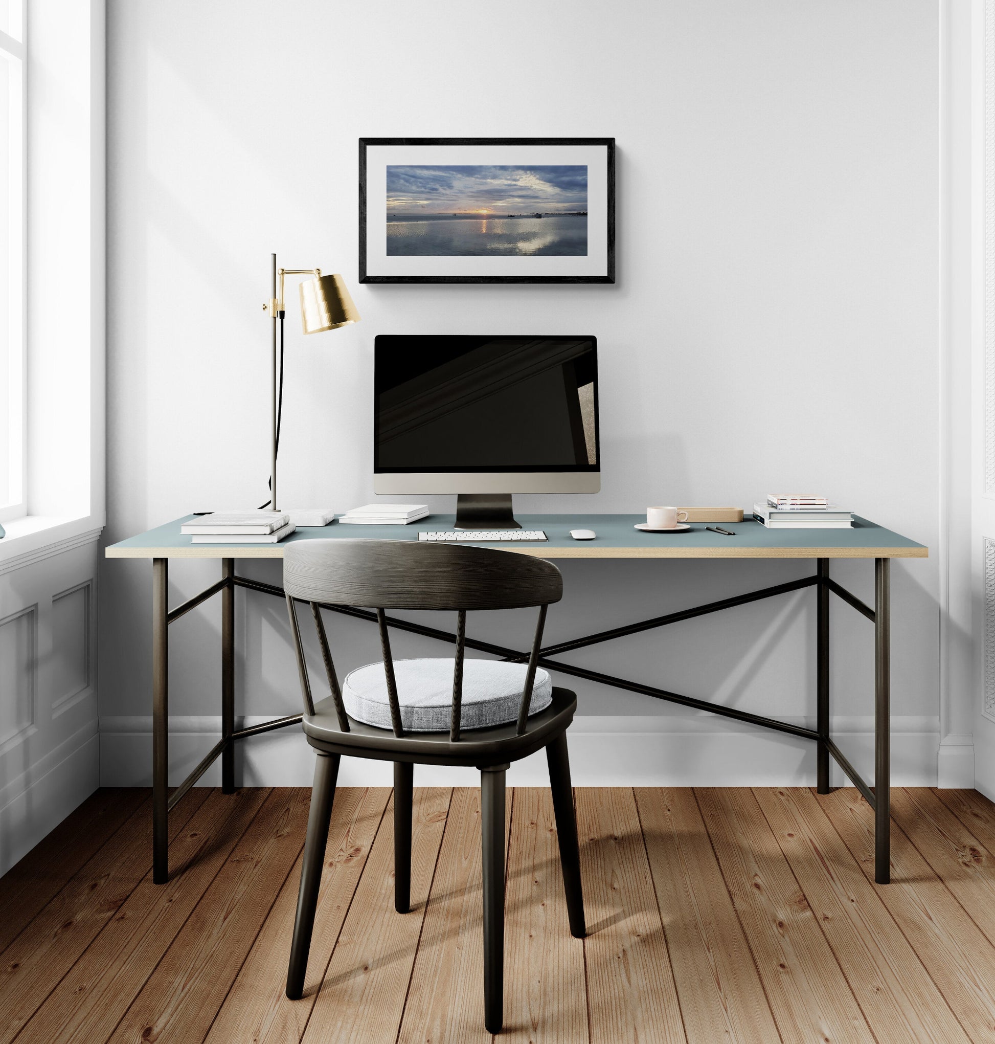 Modern home office with a desk, chair, and computer monitor. Sunset at Ft. Myers Beach, Original Photograph by Kim A. Bailey