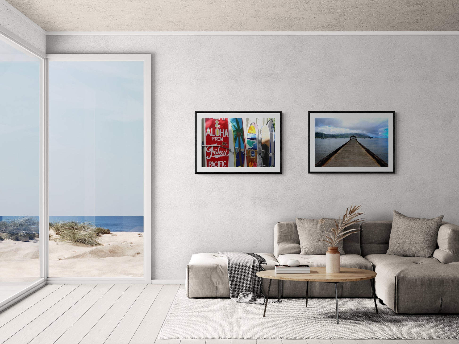 Living room with a sofa, coffee table, and two framed pictures of beaches. Surfboards in Honolulu, Hawaii, Original Photograph by Kim A. Bailey