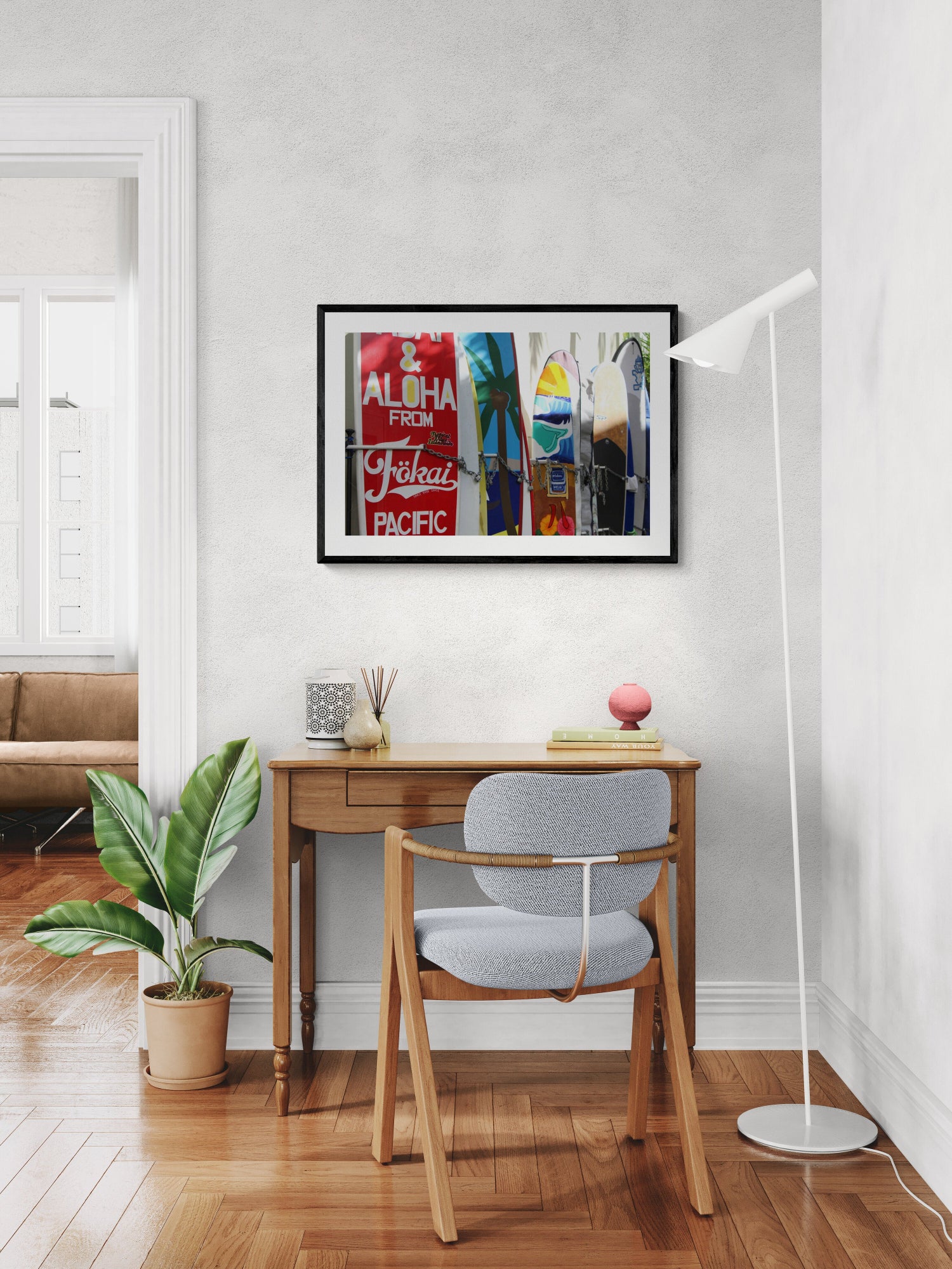 Modern home office with a desk, chair, and decorative wall art. Surfboards in Honolulu, Hawaii, Original Photograph by Kim A. Bailey