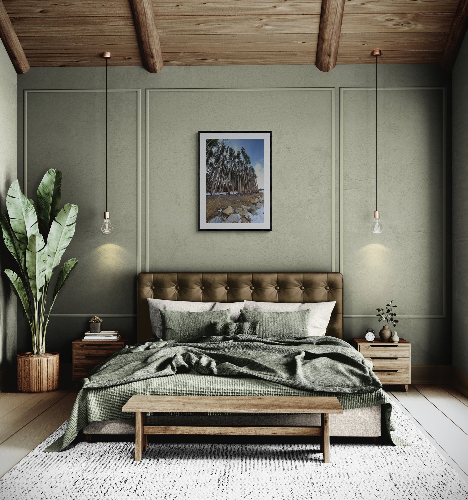 Bedroom with green walls, brown bed, and plants. Tall Trees in Breckenridge, Original Photograph by Kim A. Bailey