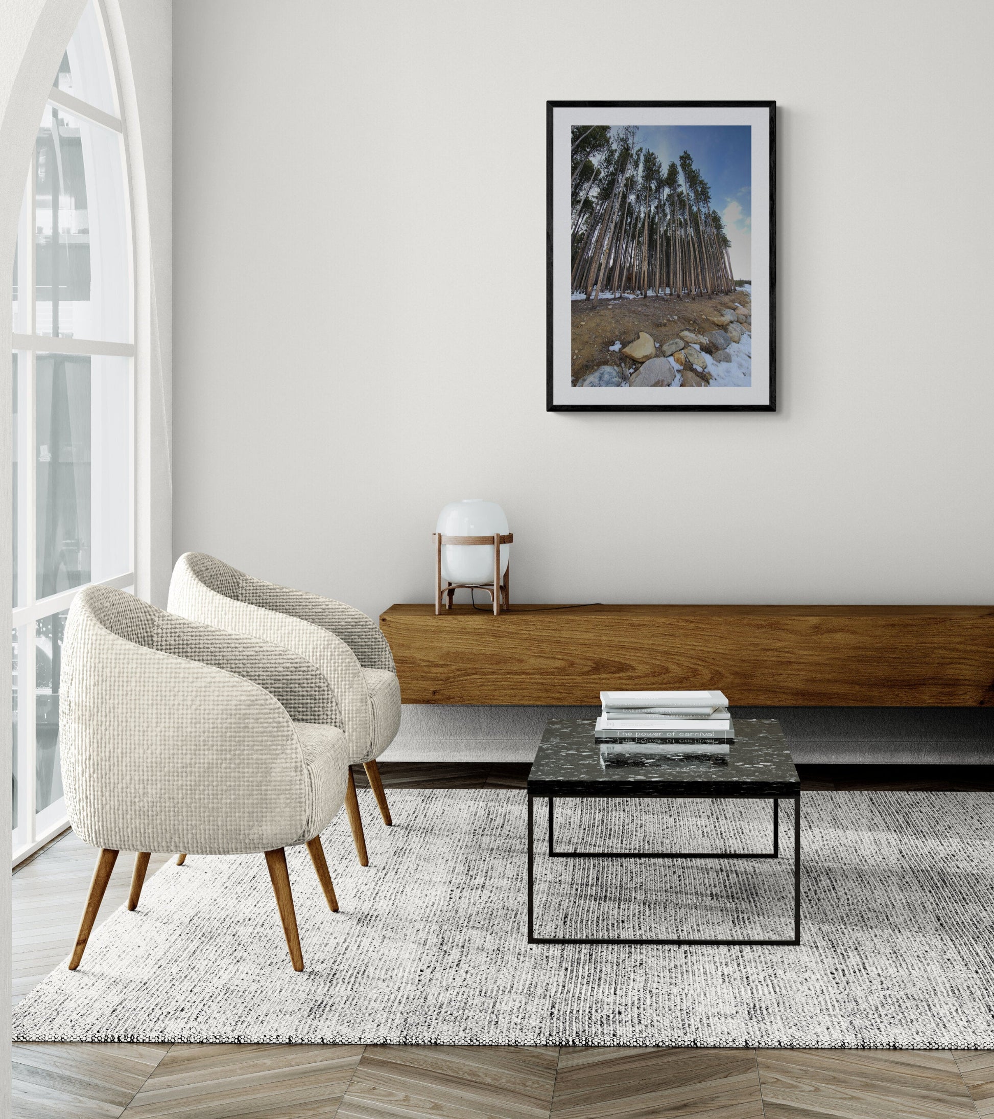 Modern living room with chairs, coffee table, and artwork. Tall Trees in Breckenridge, Original Photograph by Kim A. Bailey