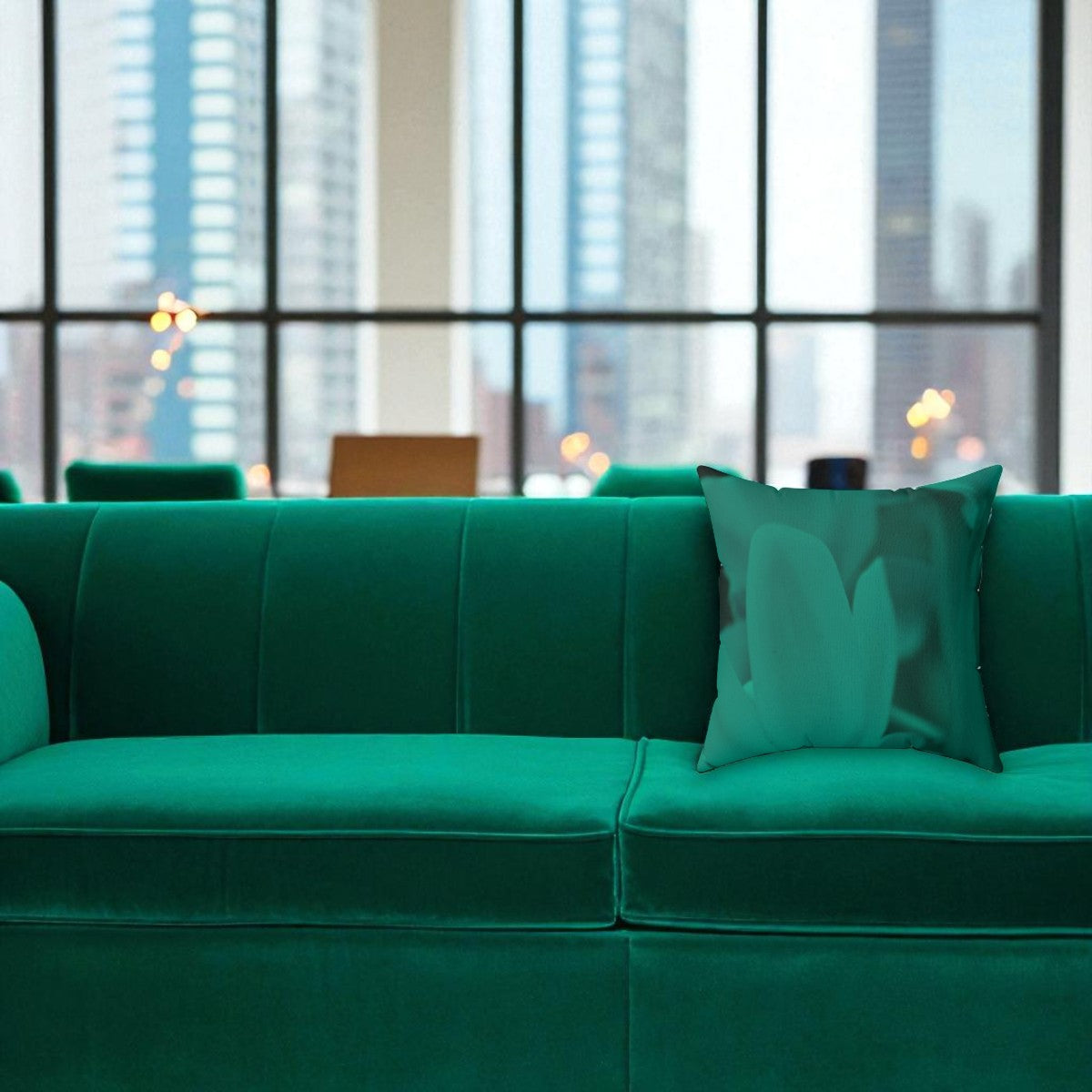 Green sofa with decorative pillow in a room with large windows showing cityscape.
