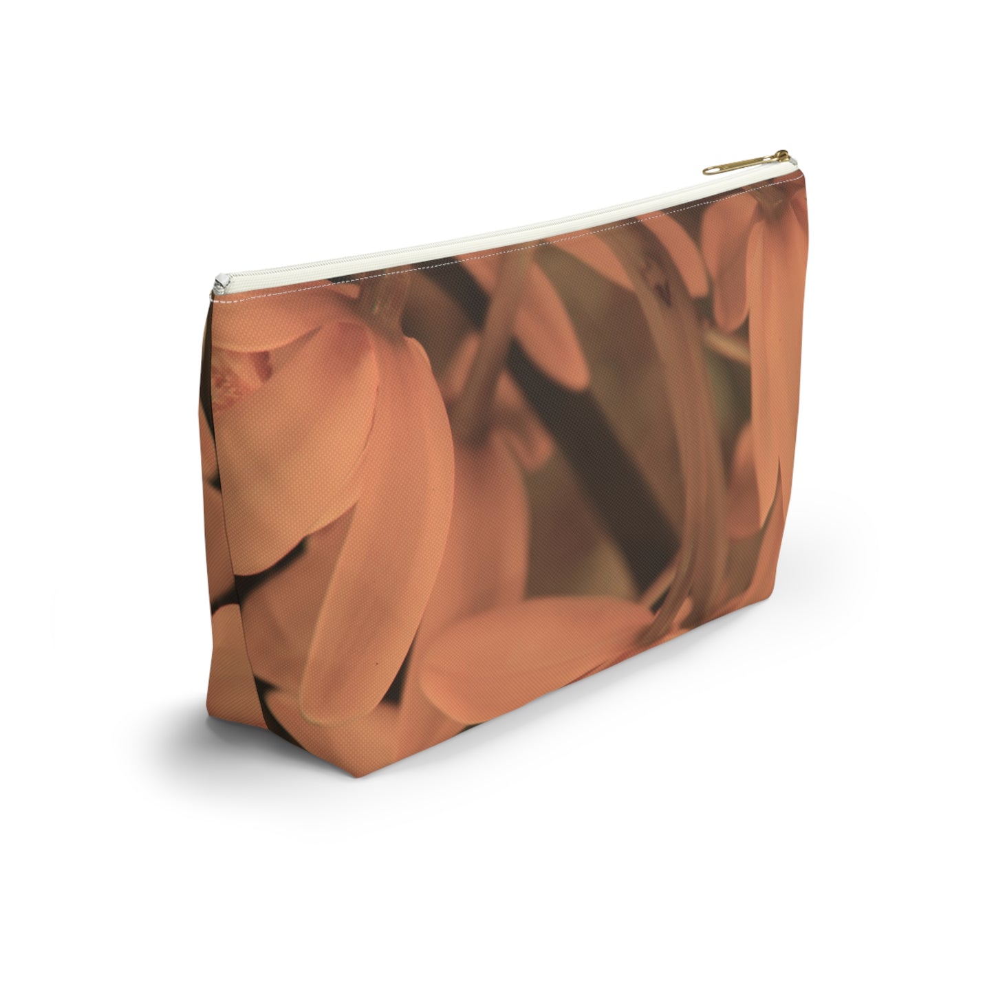 Copper-colored pouch with a reflective surface on a white background