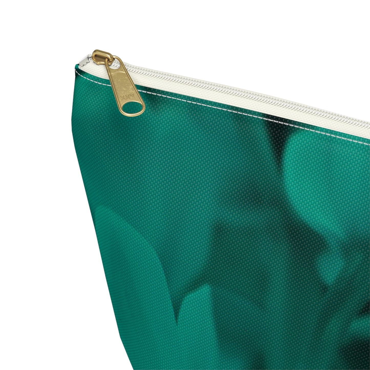 Green pouch with a gold zipper on a white background
