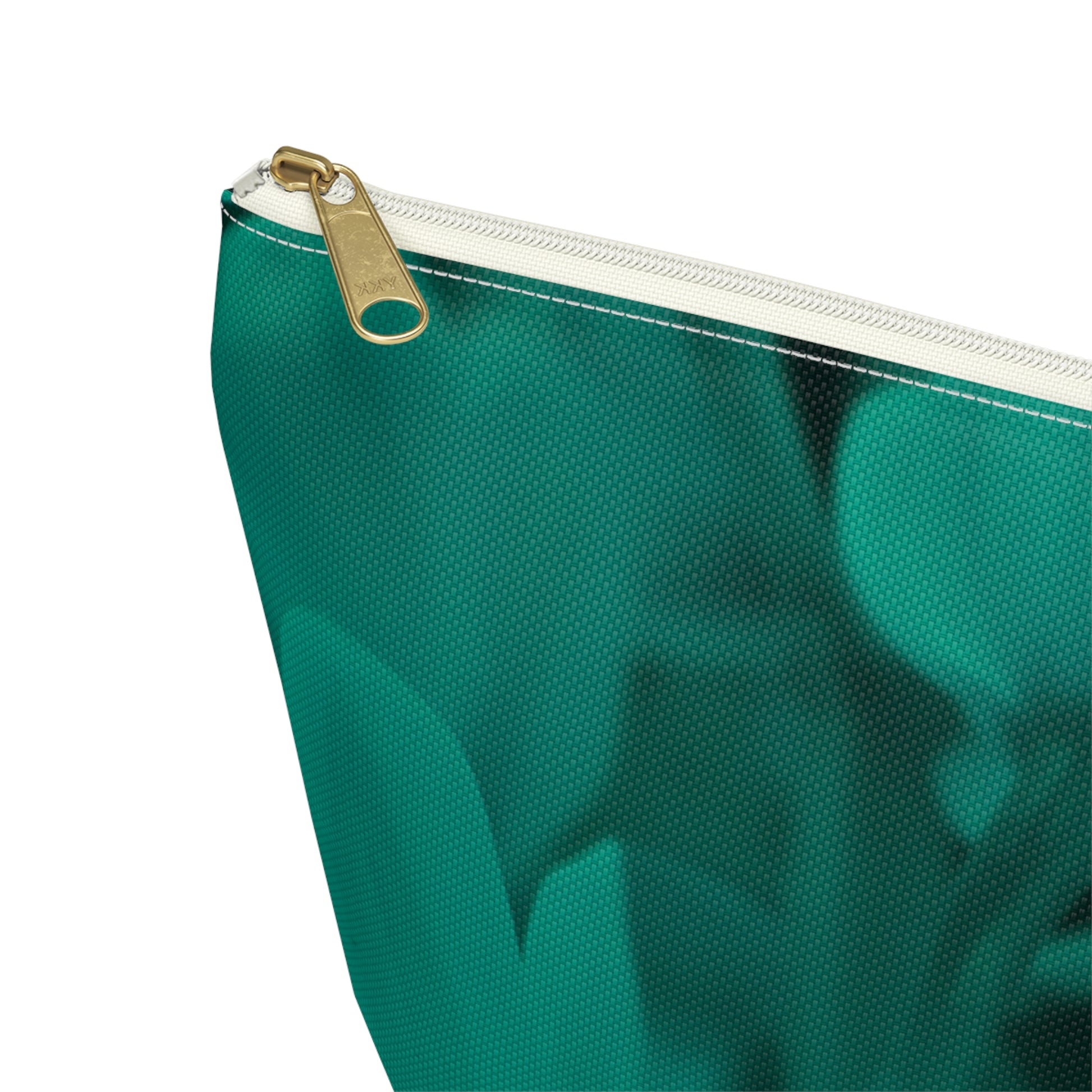 Green pouch with a gold zipper on a white background