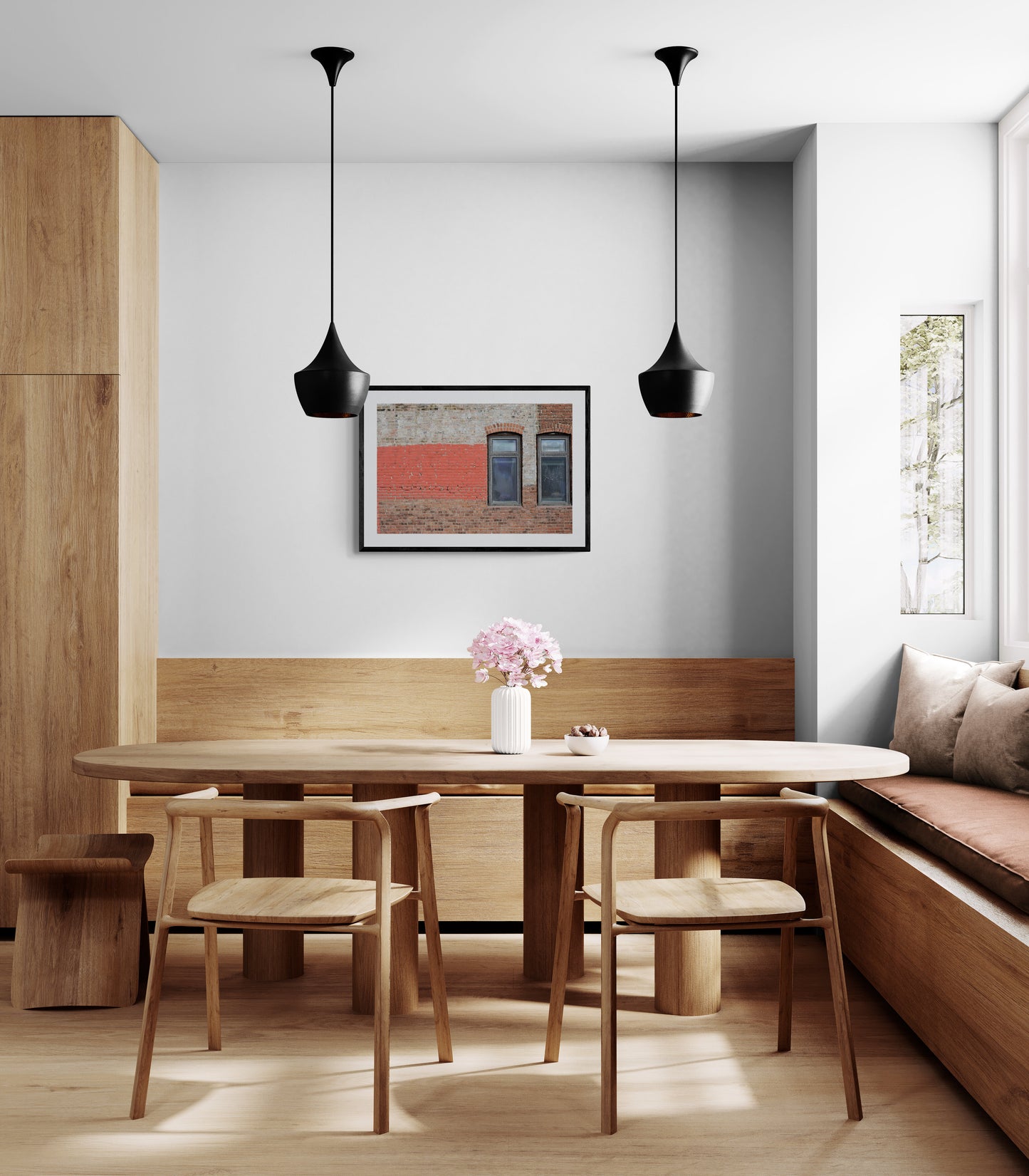 Modern kitchen with wooden furniture and pendant lights