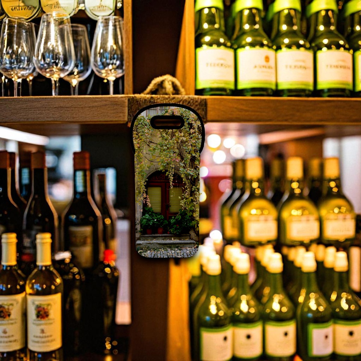 Kim Bailey's Photograph "Vine Over Door" adds some European flair to this wine tote. The soft neoprene carrier is handy for giving a gift of wine or just carrying to your picnic or party.