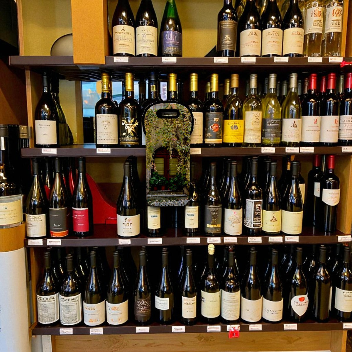 Shelves filled with various bottles of wine in a store setting