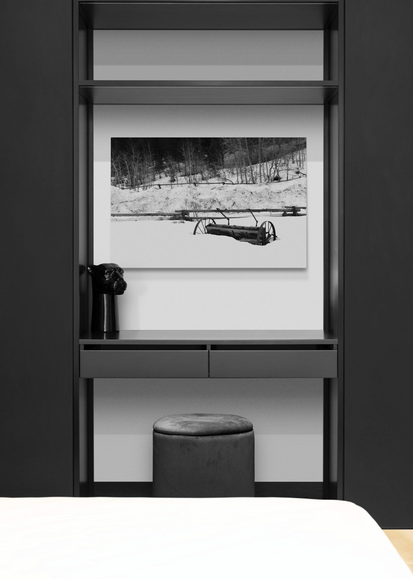 Wagon Wheels in Snow Original Black and White Photograph by Kim A. Bailey in a Wardrobe
