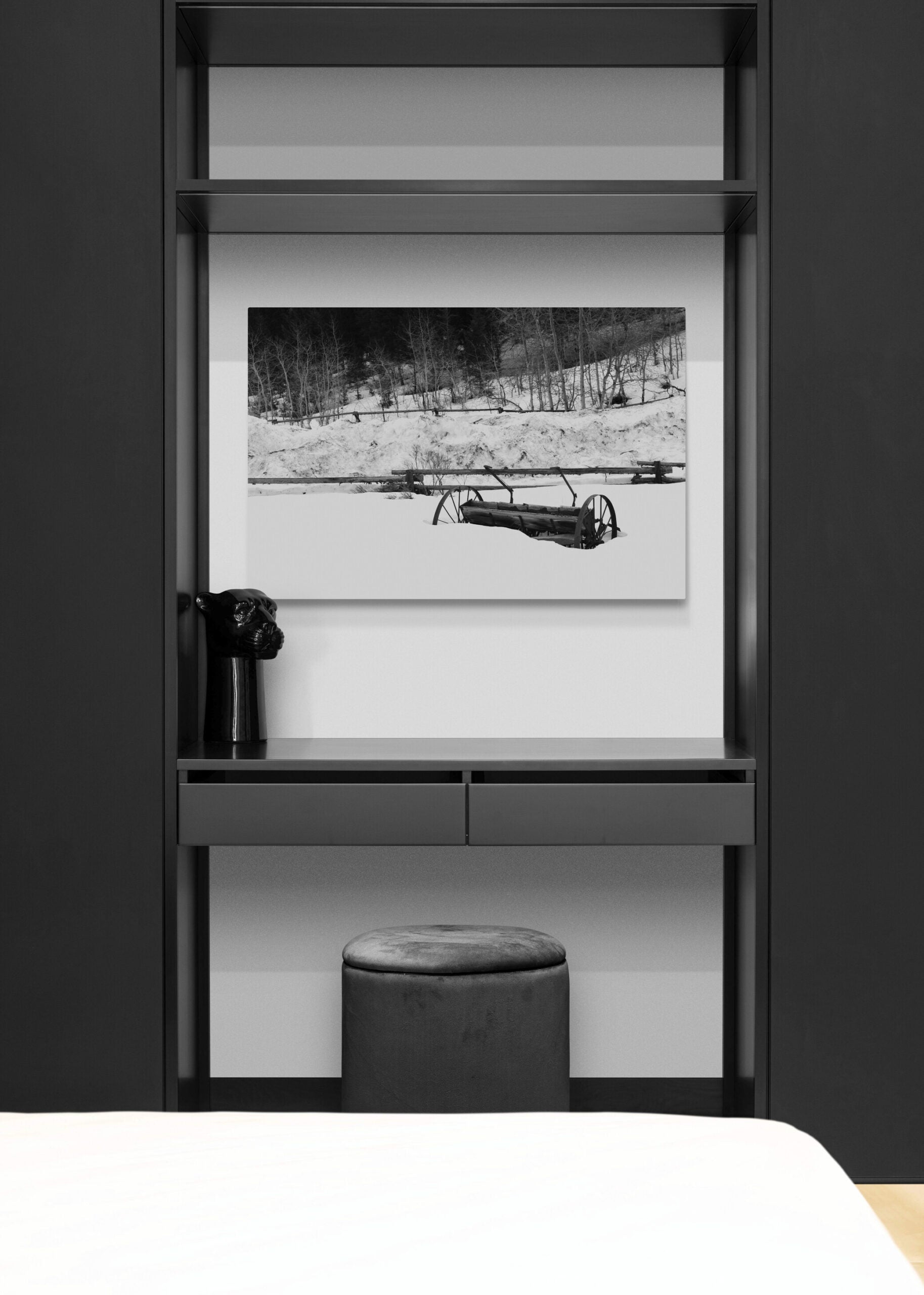 Wagon Wheels in Snow Original Black and White Photograph by Kim A. Bailey in a Wardrobe