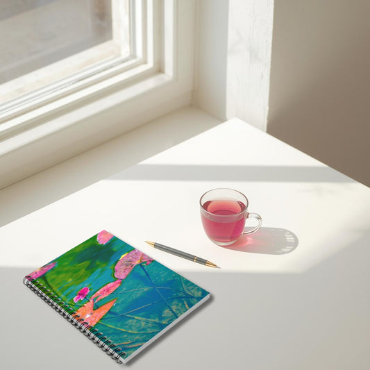 Water Lilies Notebook on a desk near a window with a cup of tea and a pen.