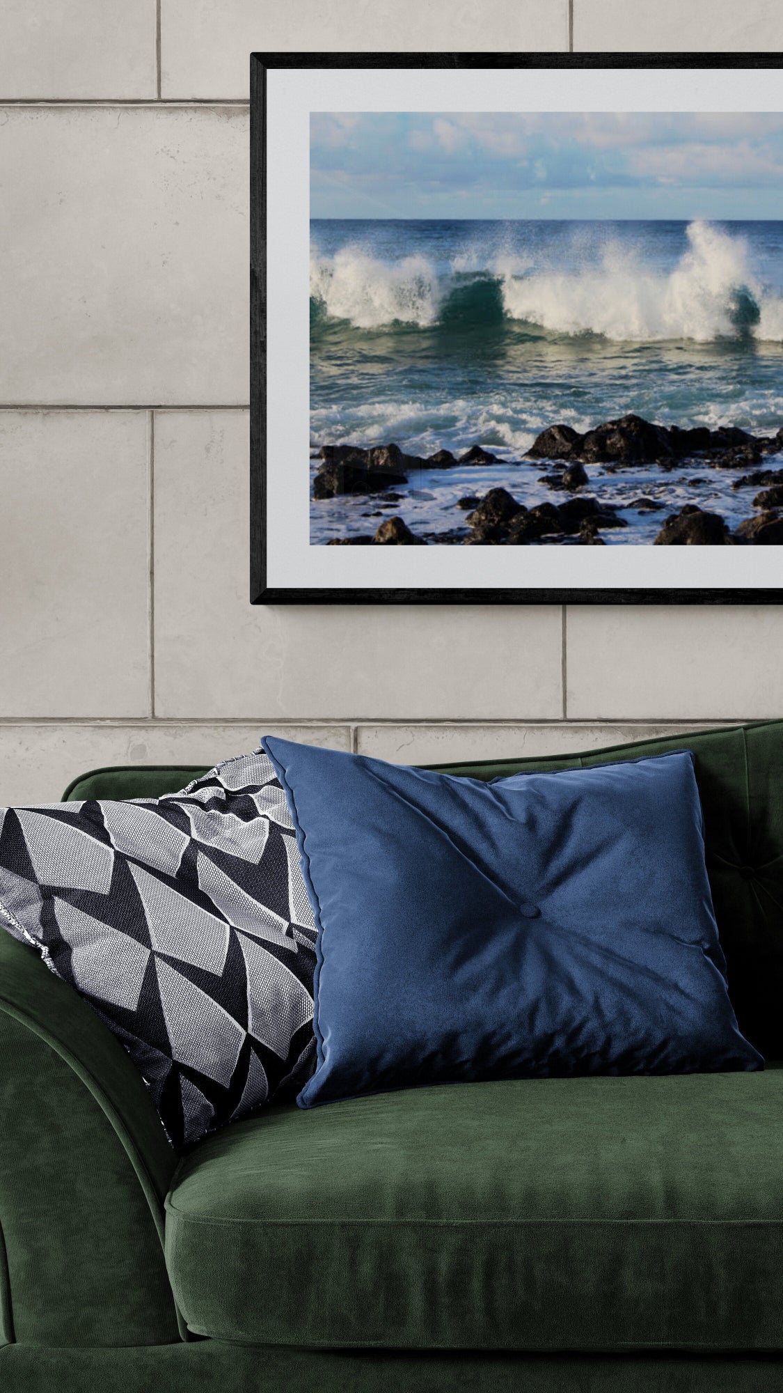 Framed photograph of waves crashing behind a green sofa with patterned cushions. Waves at Poipu Beach, Kauai, Hawaii, Original Photograph by Kim A. Bailey