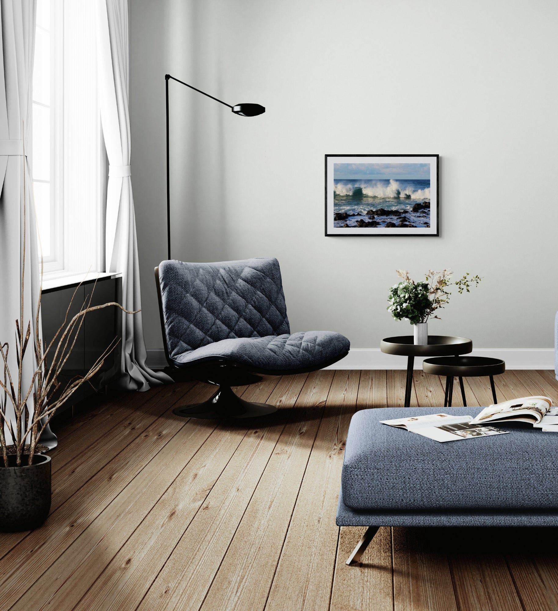 Modern living room with a gray chair, wooden floor, and a picture of a beach scene on the wall. Waves at Poipu Beach, Kauai, Hawaii, Original Photograph by Kim A. Bailey