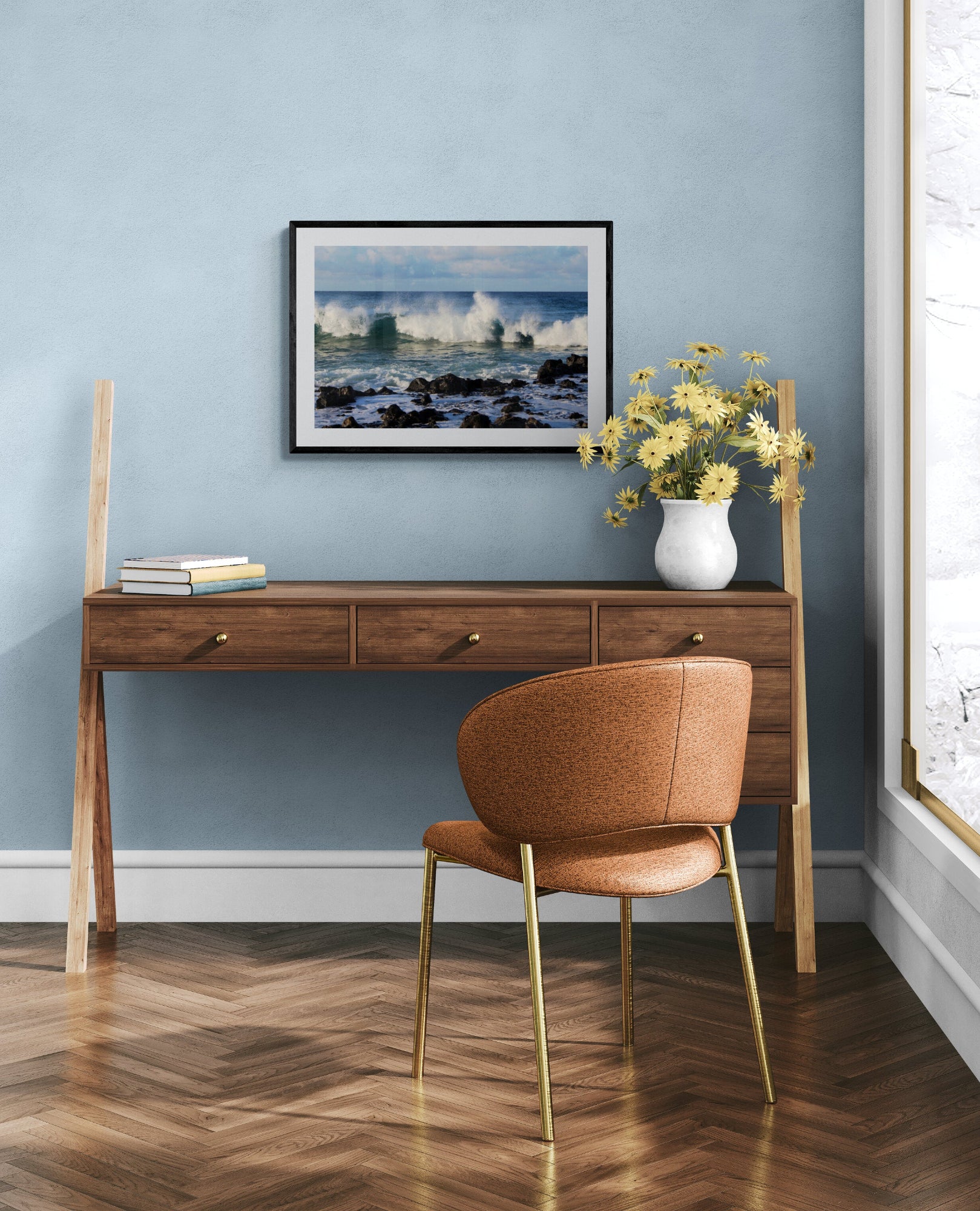 Wooden desk with a vase of flowers and framed picture against a blue wall. Waves at Poipu Beach, Kauai, Hawaii, Original Photograph by Kim A. Bailey