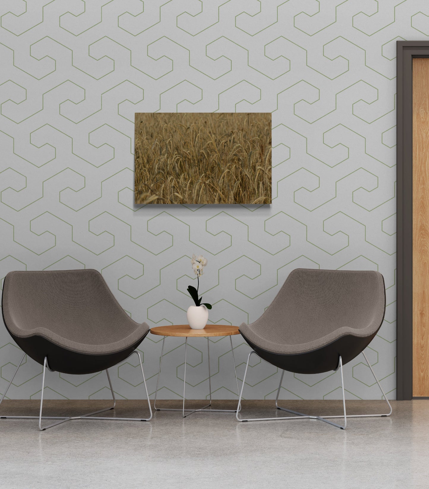 Modern living room with two brown chairs and a table against a geometric patterned wall. Wheat Field, Original Photograph by Kim A. Bailey