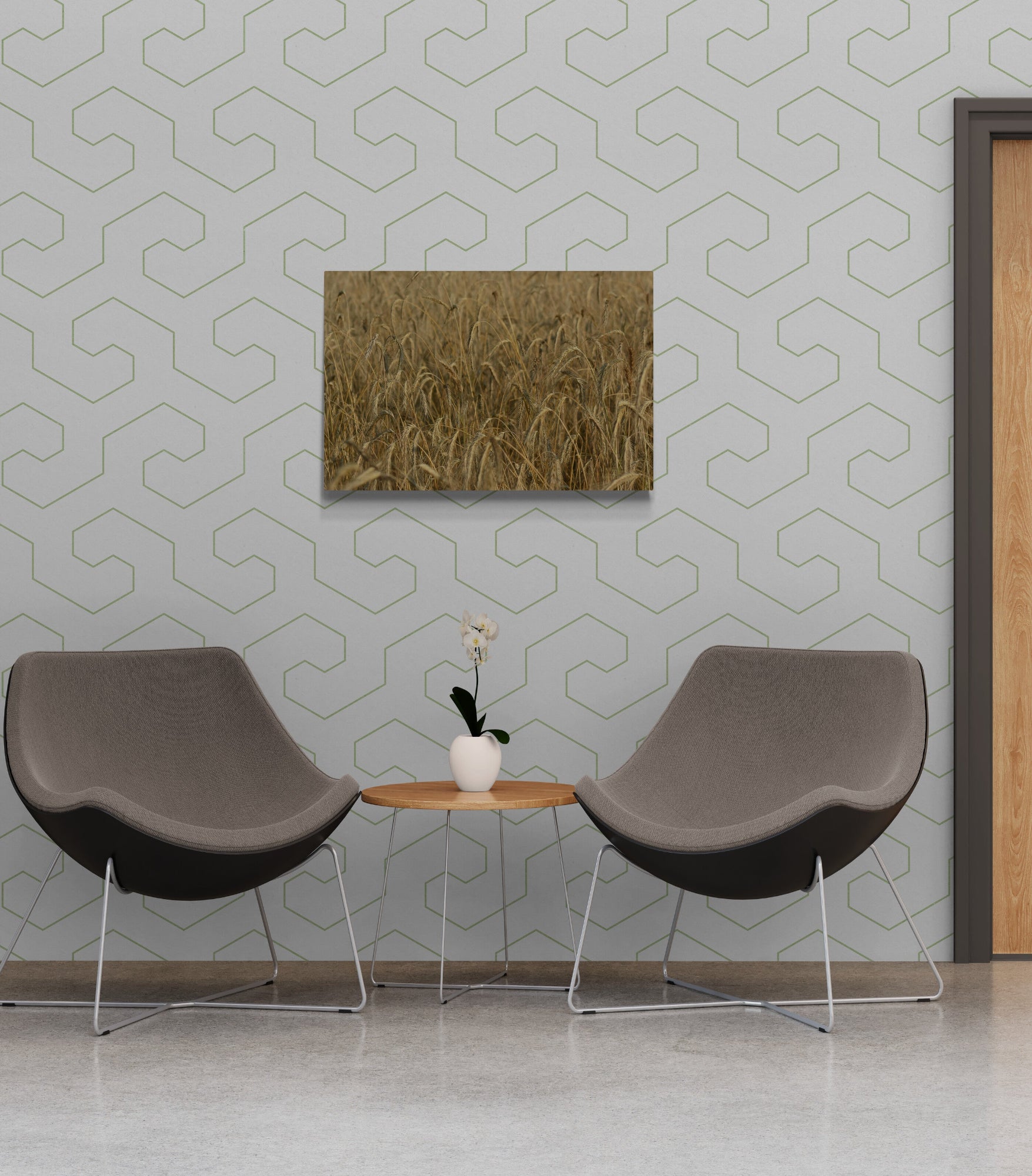 Modern living room with two brown chairs and a table against a geometric patterned wall. Wheat Field, Original Photograph by Kim A. Bailey