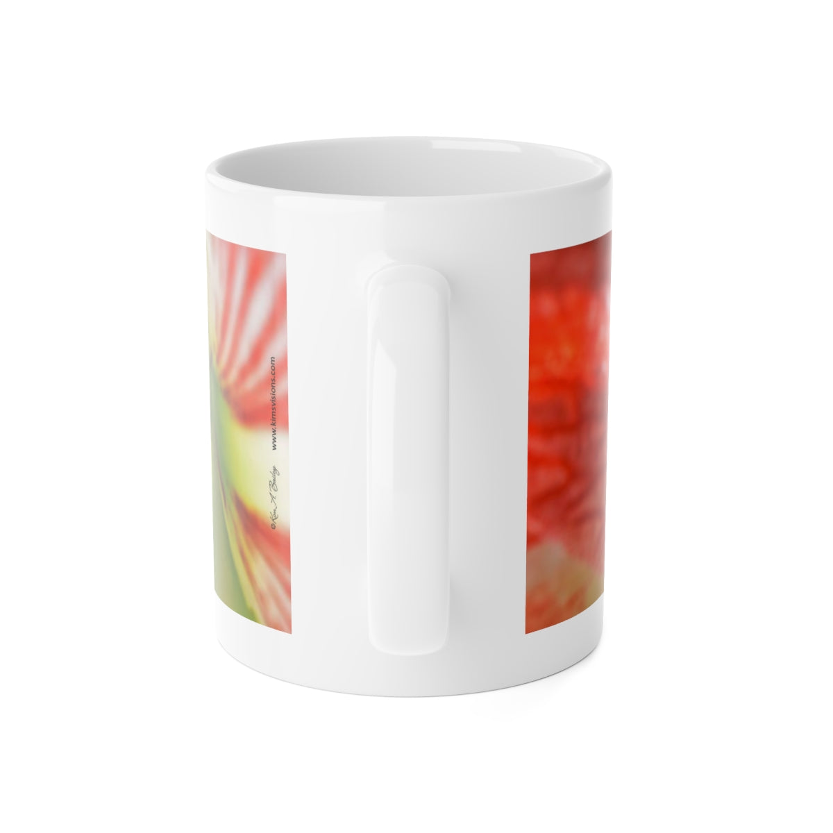 White mug with a colorful tulip design on a white background