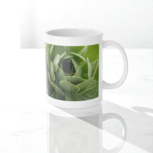 White mug with a green succulent plant design on a white background