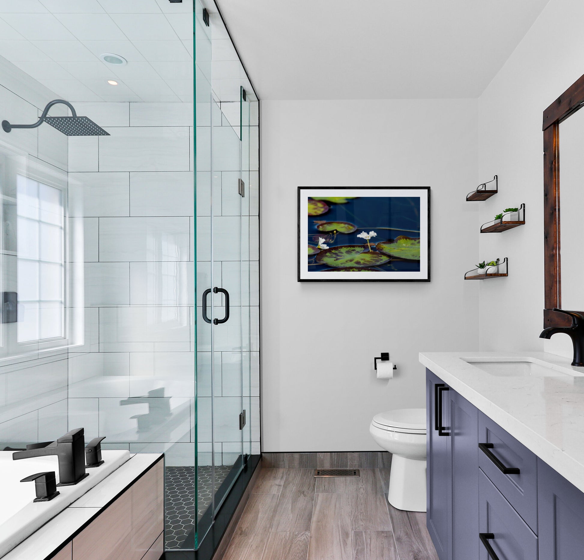 Modern bathroom with glass shower enclosure and artwork on wall. White Water Lily, Original Photograph by Kim A. Bailey