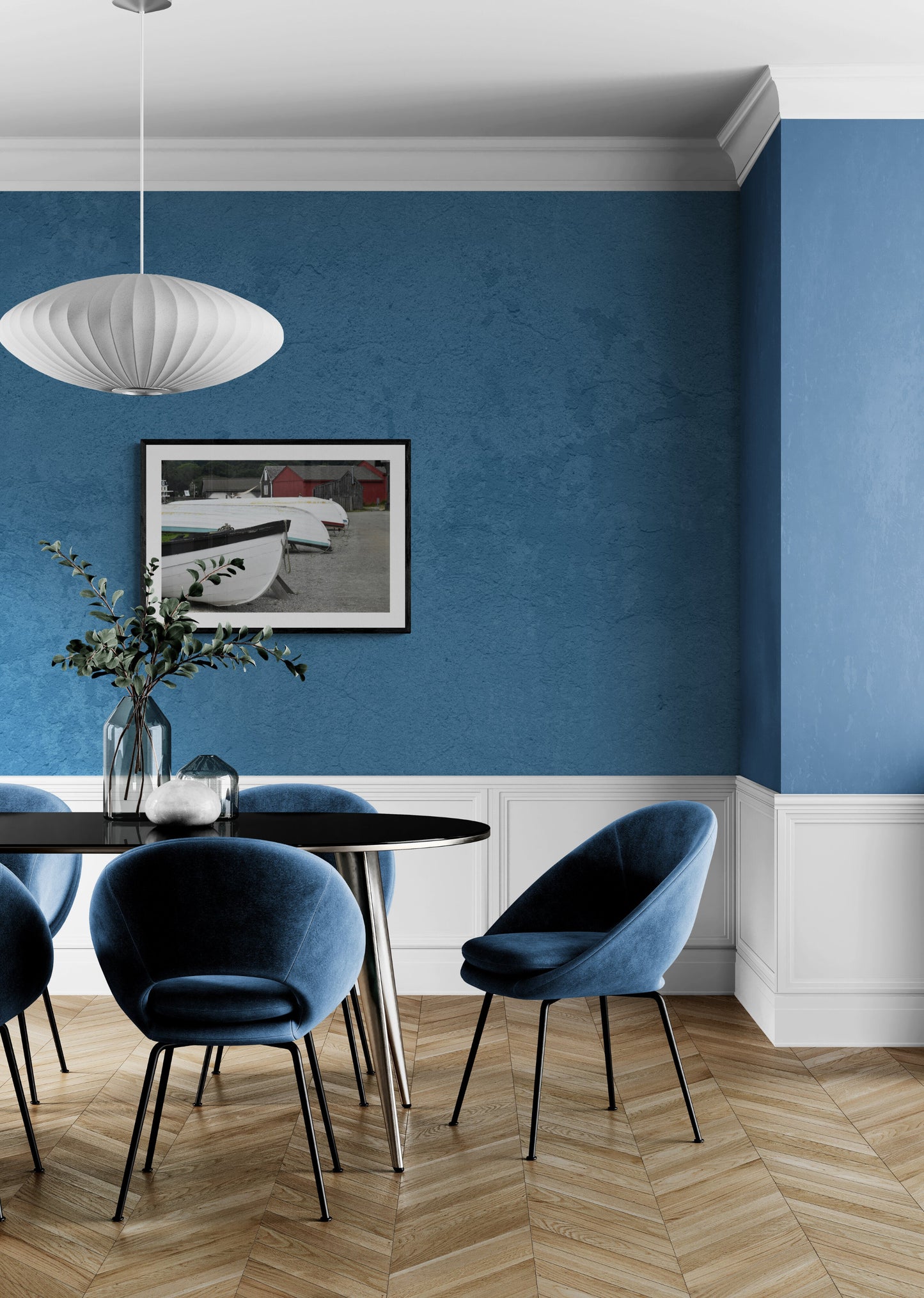 Modern dining room with blue walls and chairs. Wooden Boats Original Photograph by Kim A. Bailey