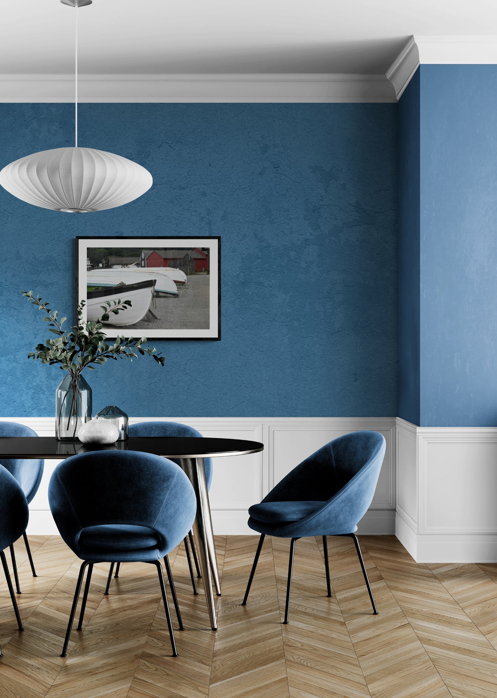 Modern dining room with blue walls and chairs. Wooden Boats Original Photograph by Kim A. Bailey