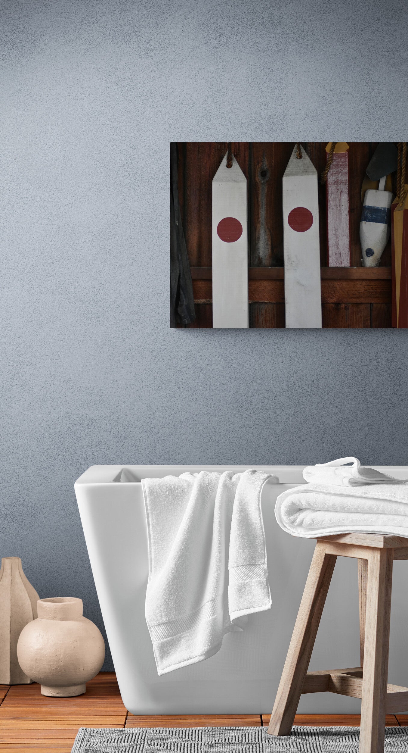 Wooden Buoys Original Photograph by Kim A. Bailey Hanging Over a Tub.