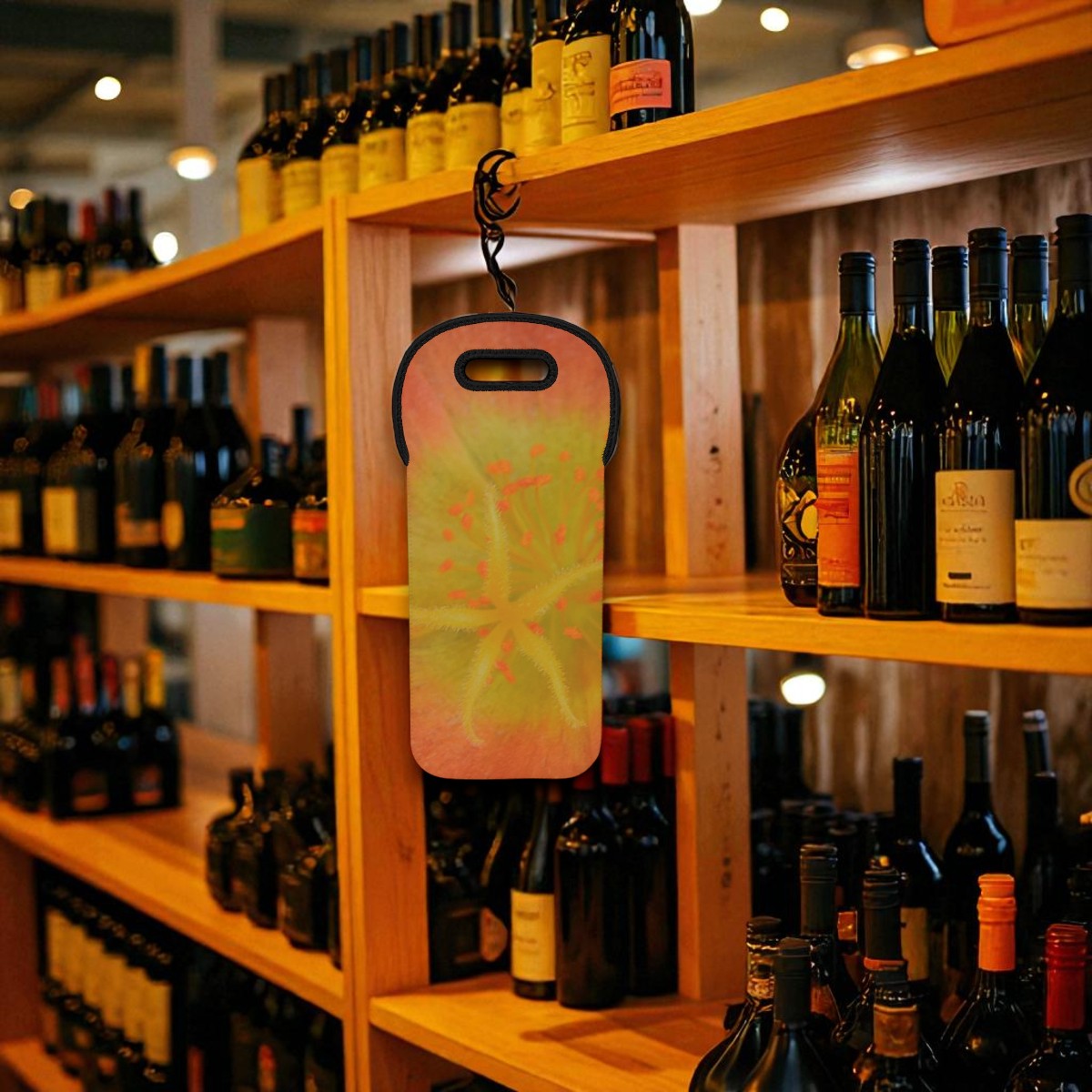 Wine bottles on wooden shelves with a green wine bag hanging from a hook.