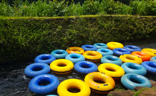 Yellow and blue inner tubes floating on water with lush greenery in the background.