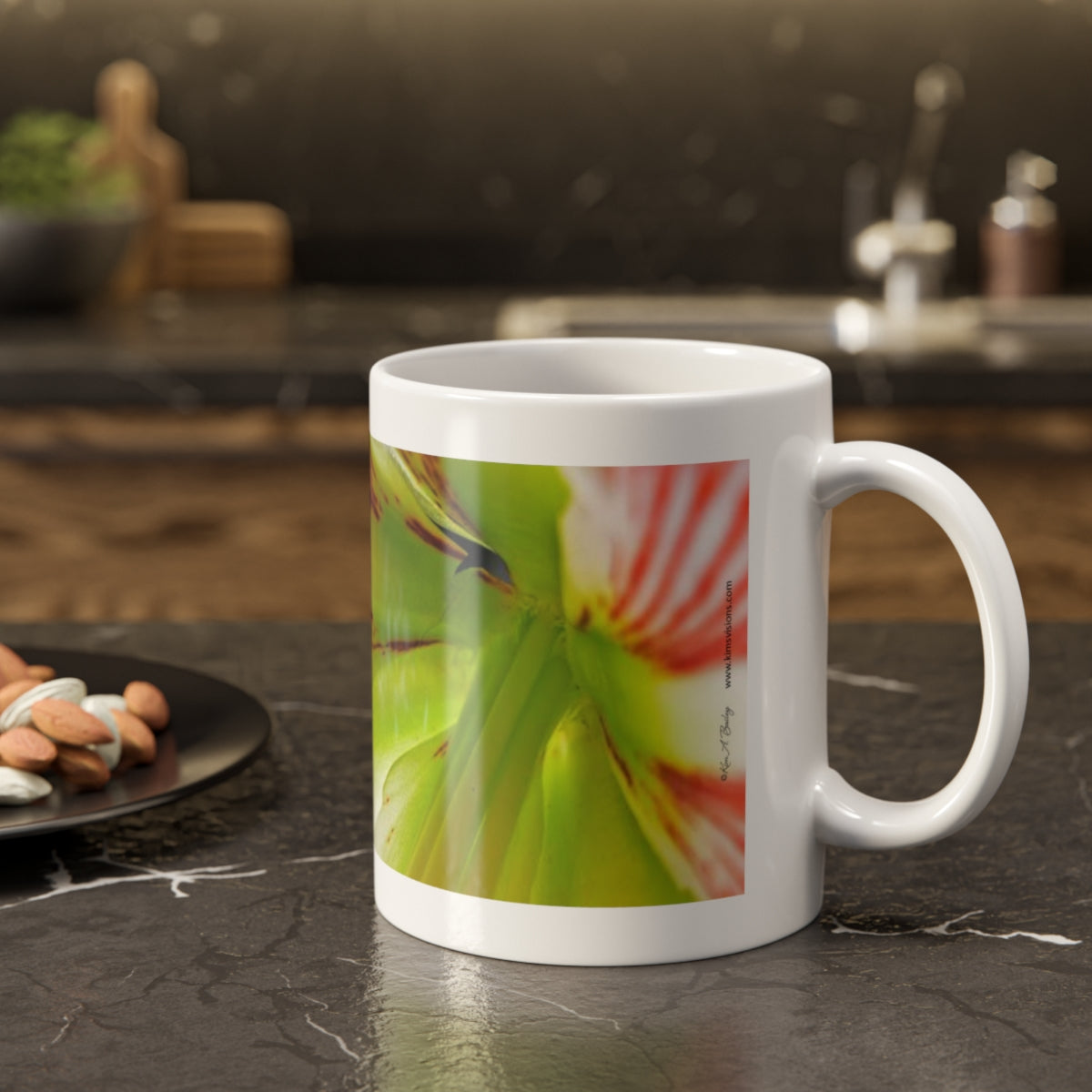 White Ceramic Coffee Mug 11 oz with Red Amaryllis Flower Design
