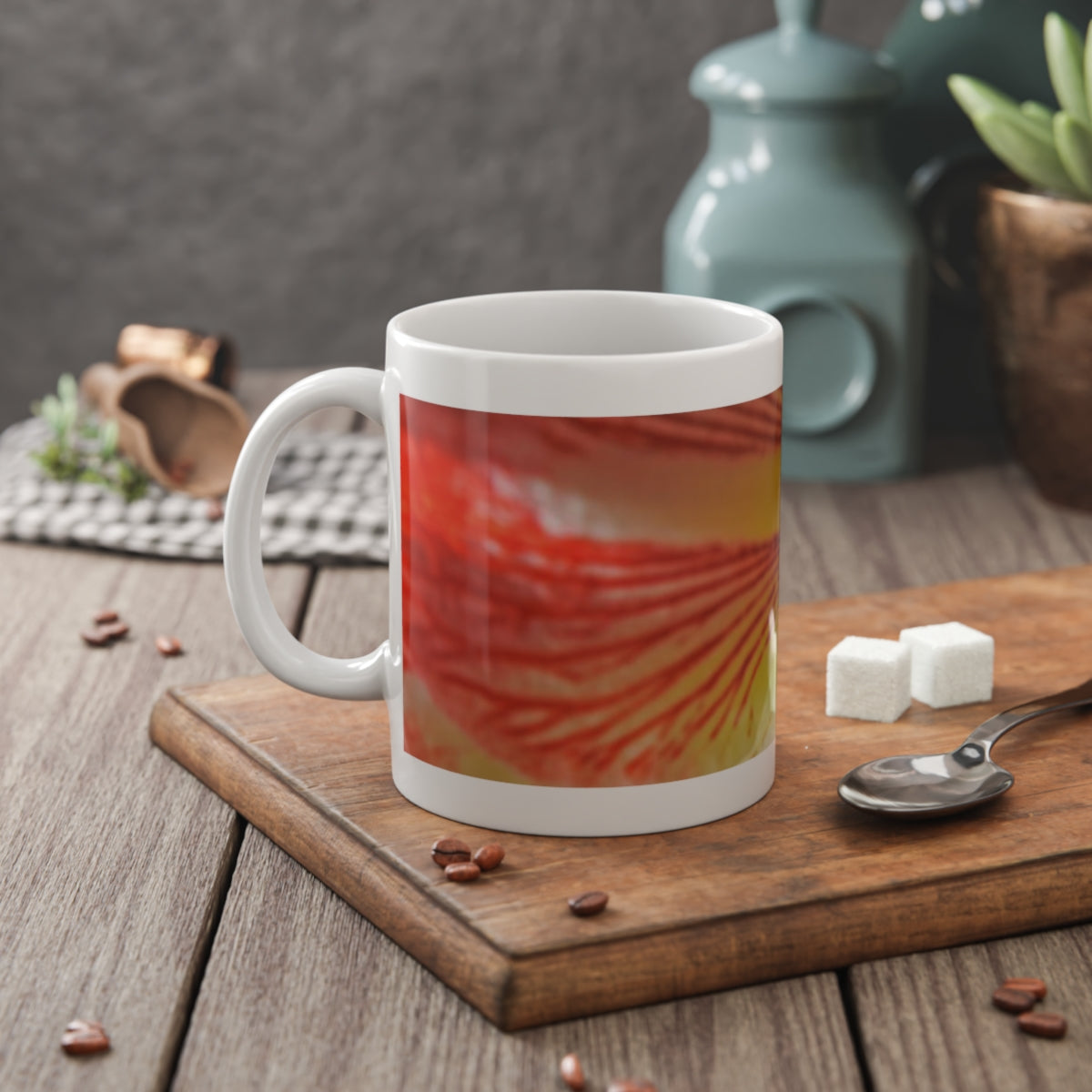 White Ceramic Coffee Mug 11 oz with Red Amaryllis Flower Design