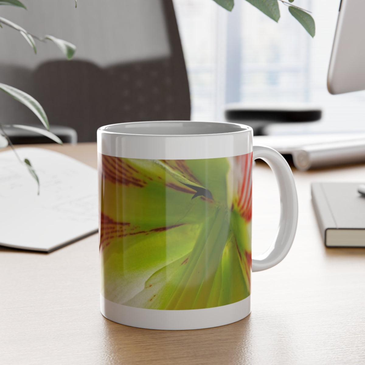 White Ceramic Coffee Mug 11 oz with Red Amaryllis Flower Design