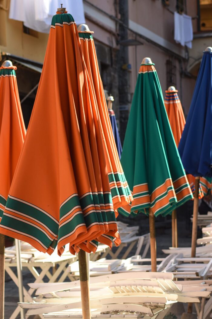 Framed Patio Umbrellas in Cinque Terre, Italy, Original Photograph by Kim A. Bailey